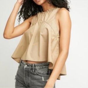 New Free People Top Blouse  Babydoll Carla Tonal Tan